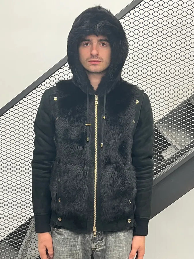 Balmain Black Fur Leather Hooded Buttoned Jacket yZWwIIA 1