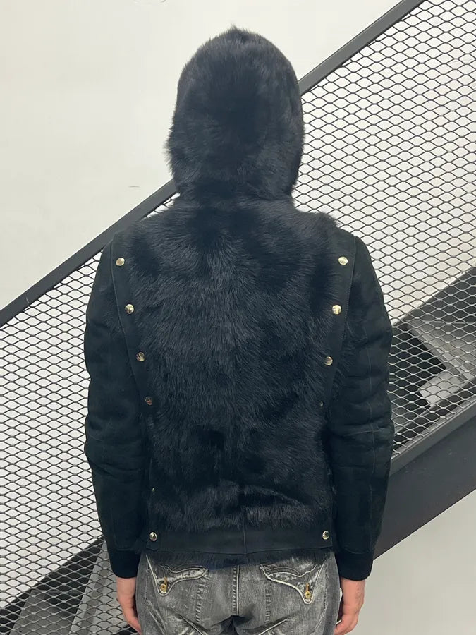 Balmain Black Fur Leather Hooded Buttoned Jacket yZWwIIA 2