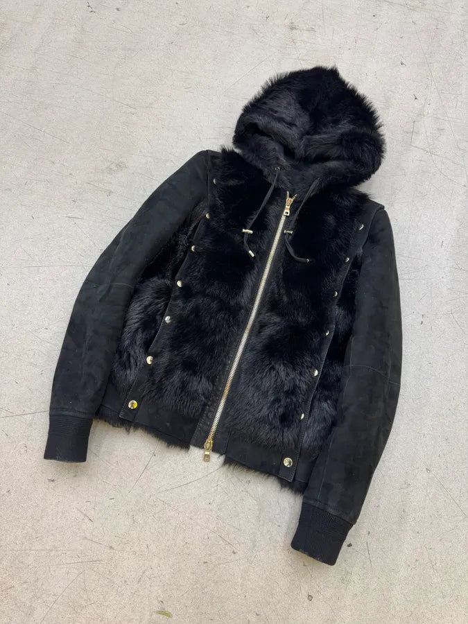 Balmain Black Fur Leather Hooded Buttoned Jacket yZWwIIA 3