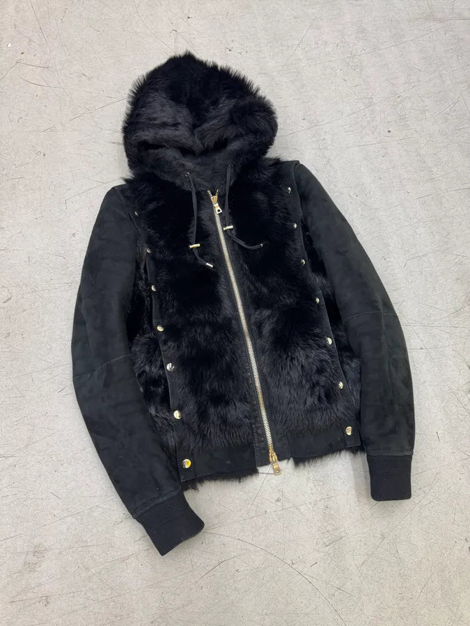 Balmain Black Fur Leather Hooded Buttoned Jacket yZWwIIA 4
