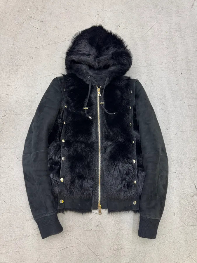 Balmain Black Fur Leather Hooded Buttoned Jacket yZWwIIA 5