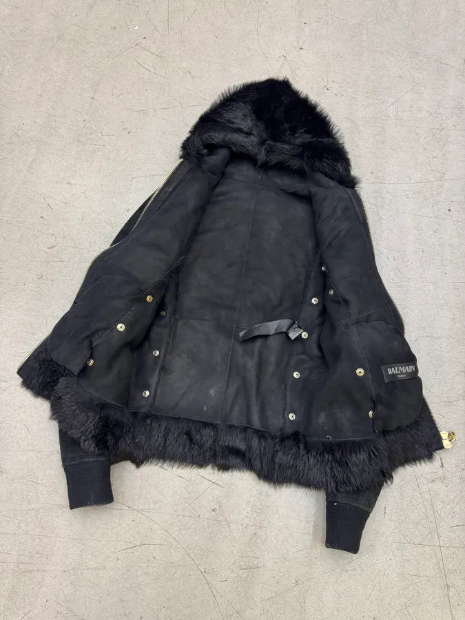 Balmain Black Fur Leather Hooded Buttoned Jacket yZWwIIA 7