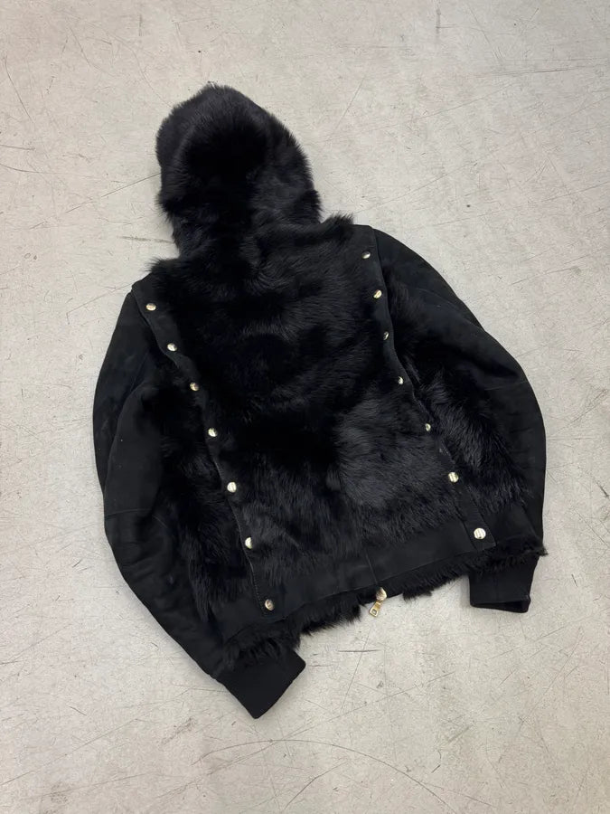 Balmain Black Fur Leather Hooded Buttoned Jacket yZWwIIA 8