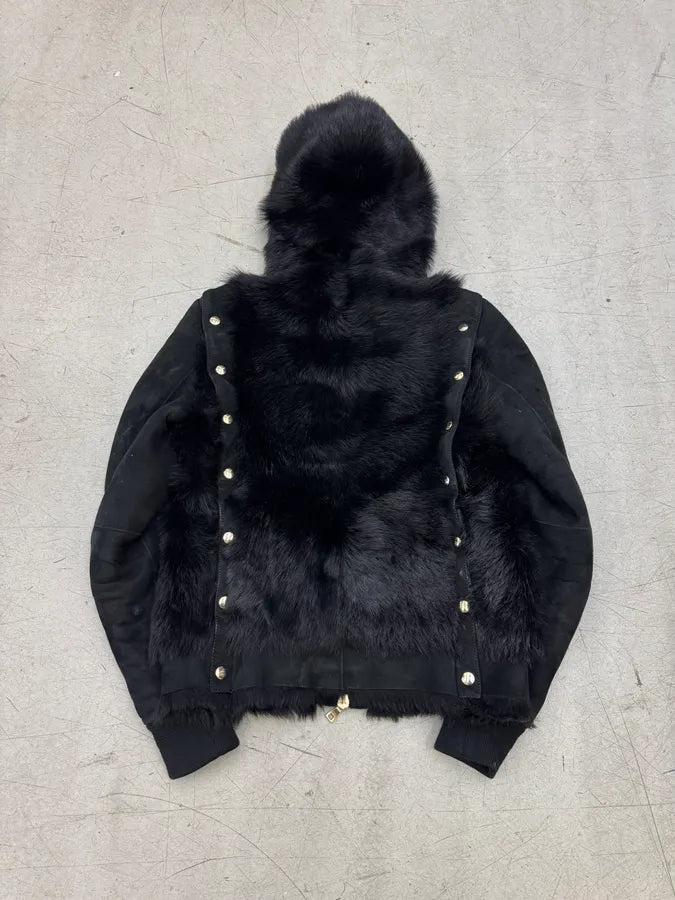 Balmain Black Fur Leather Hooded Buttoned Jacket yZWwIIA 9