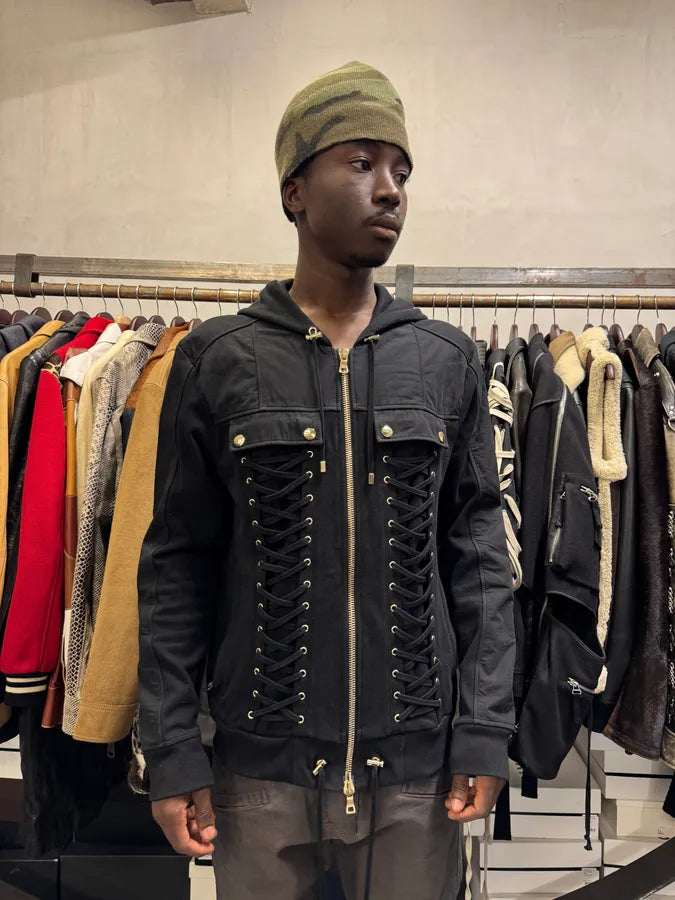 SS2017 Balmain Black Laced Biker Zip-up Hoodie YASPXYV 0
