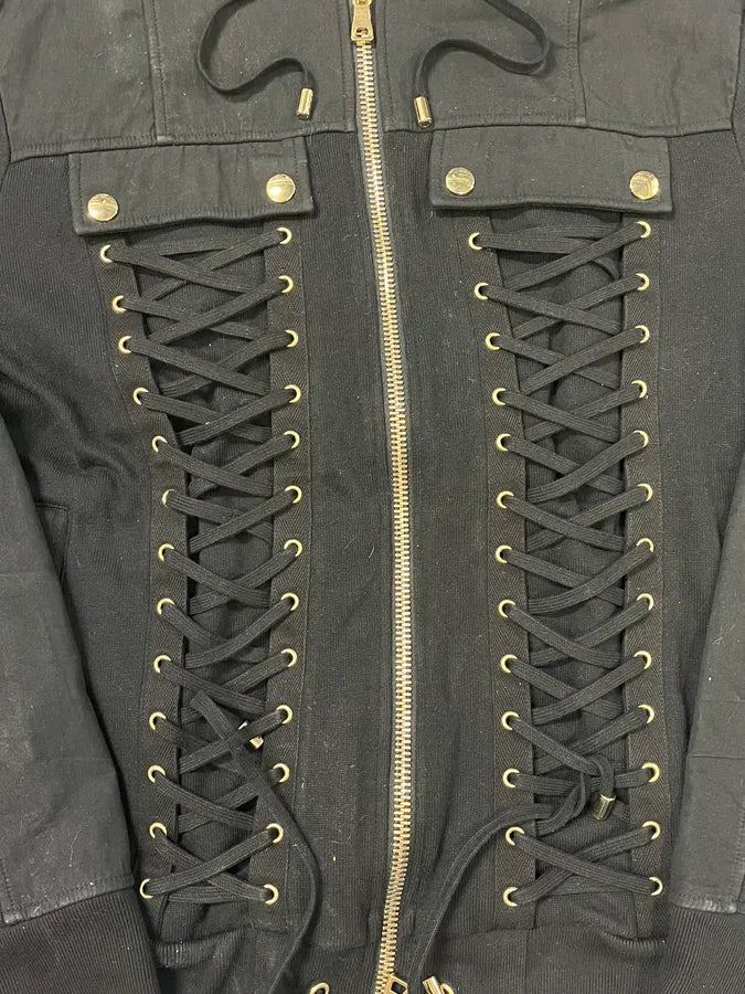 SS2017 Balmain Black Laced Biker Zip-up Hoodie YASPXYV 7