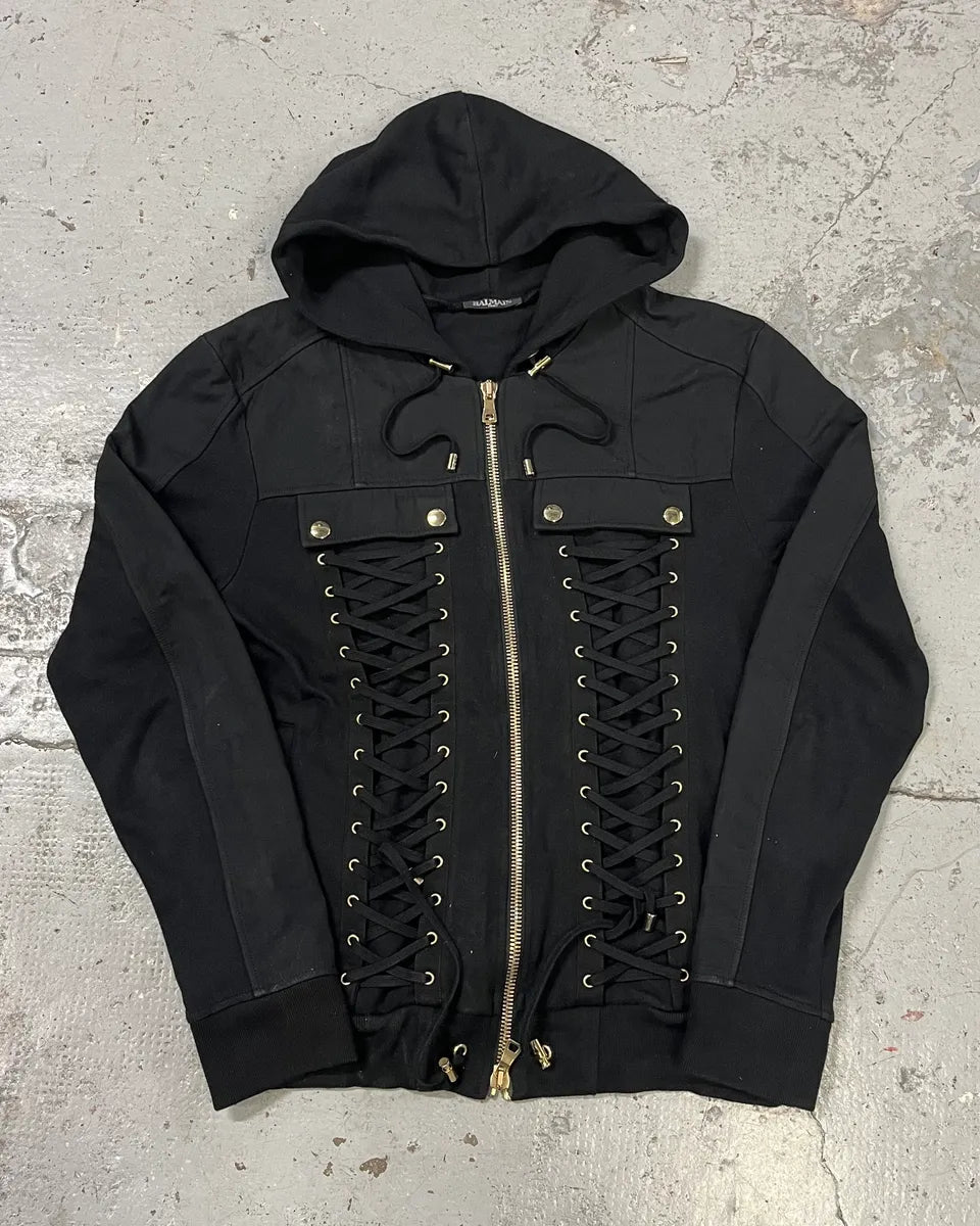 SS2017 Balmain Black Laced Biker Zip-up Hoodie YASPXYV 1