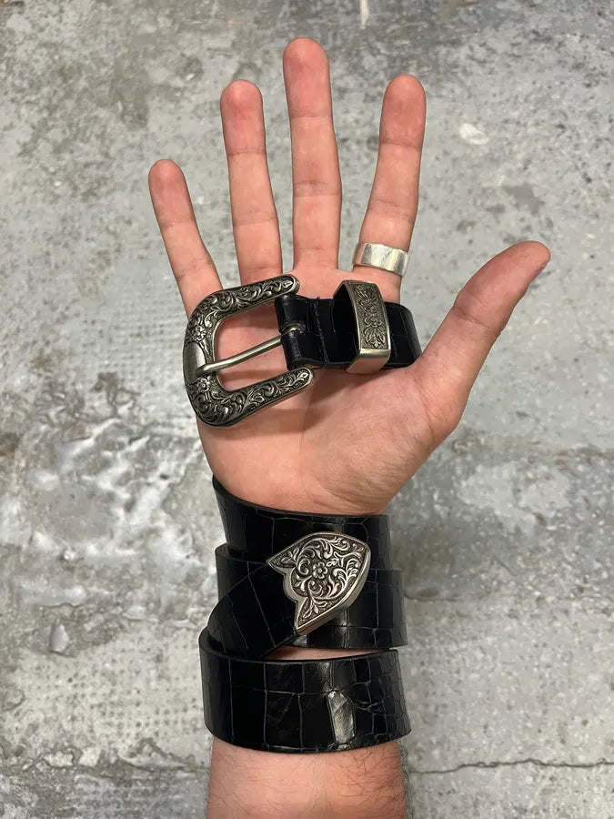 Balmain Black Leather Crocodile Effect Embellished Belt (OS) xkiNhwG 0