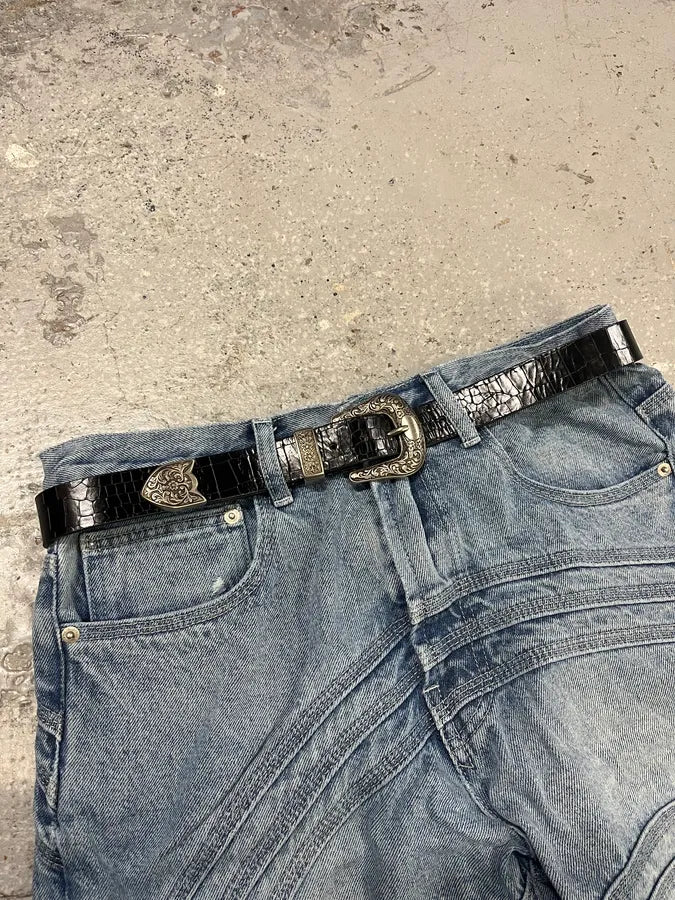 Balmain Black Leather Crocodile Effect Embellished Belt (OS) xkiNhwG 1