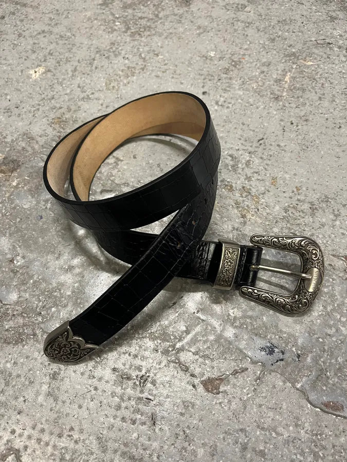 Balmain Black Leather Crocodile Effect Embellished Belt (OS) xkiNhwG 2