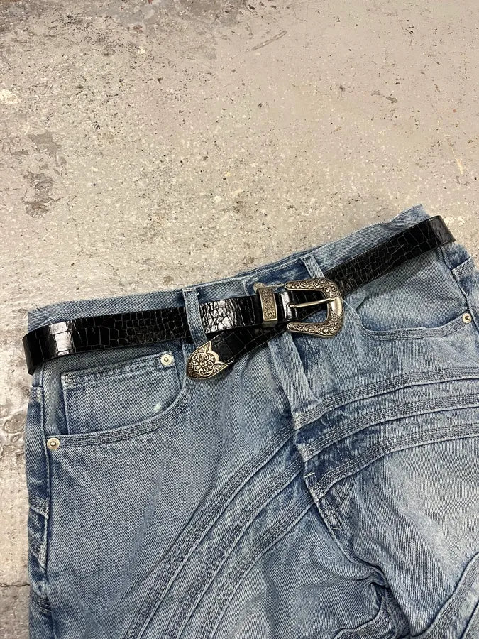 Balmain Black Leather Crocodile Effect Embellished Belt (OS) xkiNhwG 3