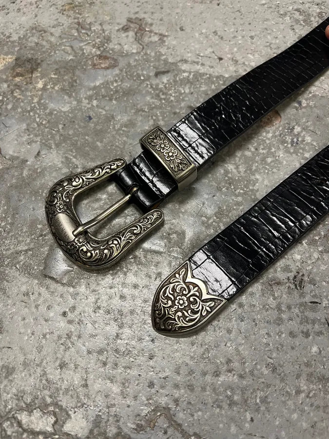 Balmain Black Leather Crocodile Effect Embellished Belt (OS) xkiNhwG 4