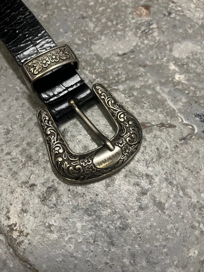 Balmain Black Leather Crocodile Effect Embellished Belt (OS) xkiNhwG 5