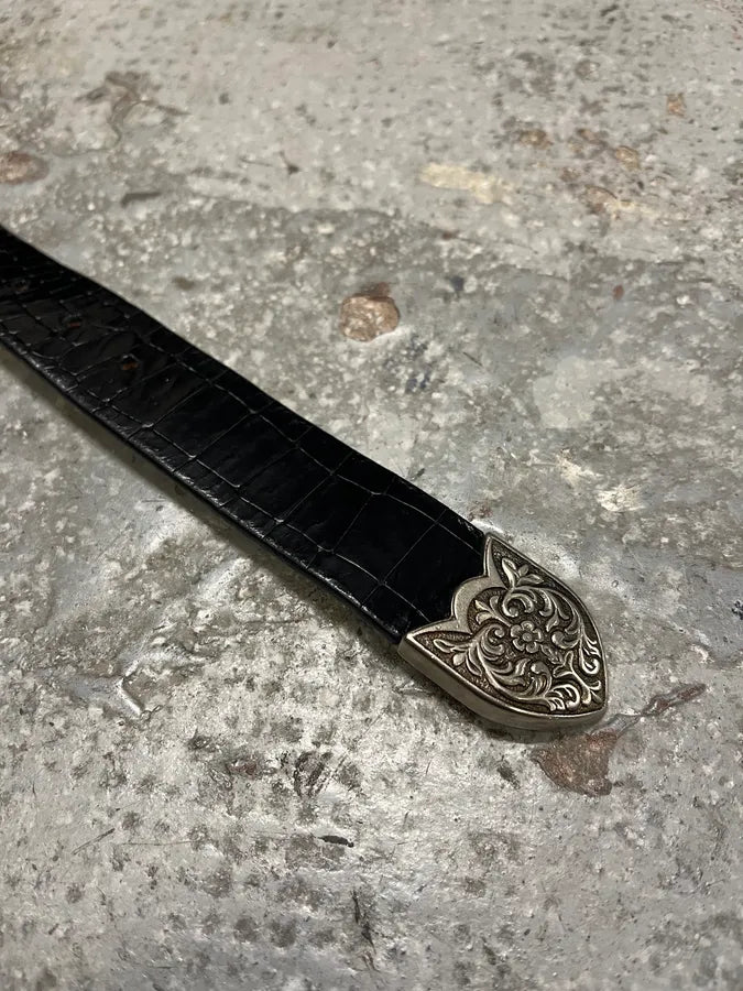 Balmain Black Leather Crocodile Effect Embellished Belt (OS) xkiNhwG 6