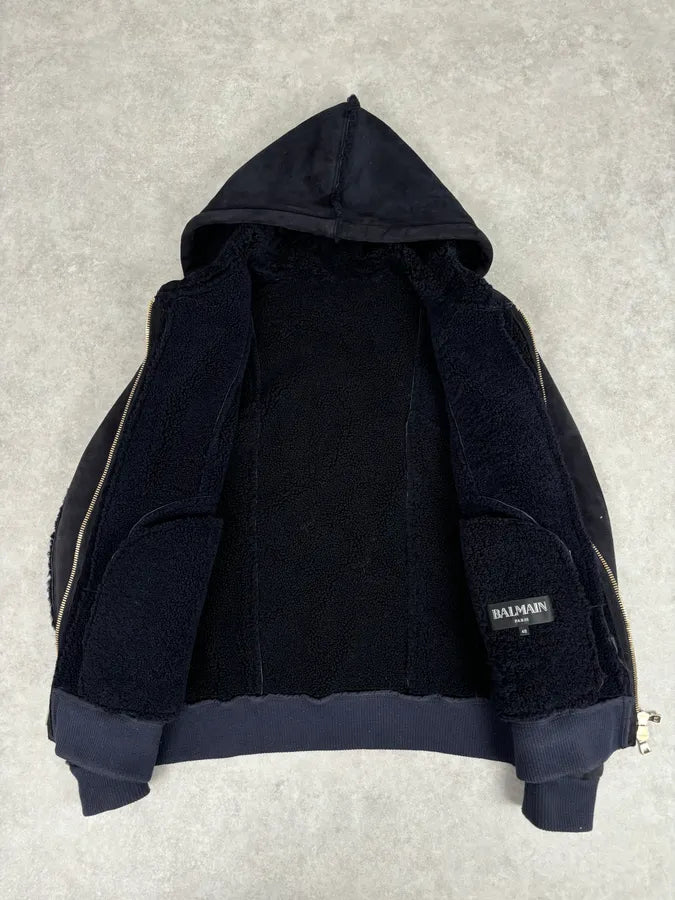 AW2017 Balmain Black Lamb Leather Hooded Jacket yRZtdae 7