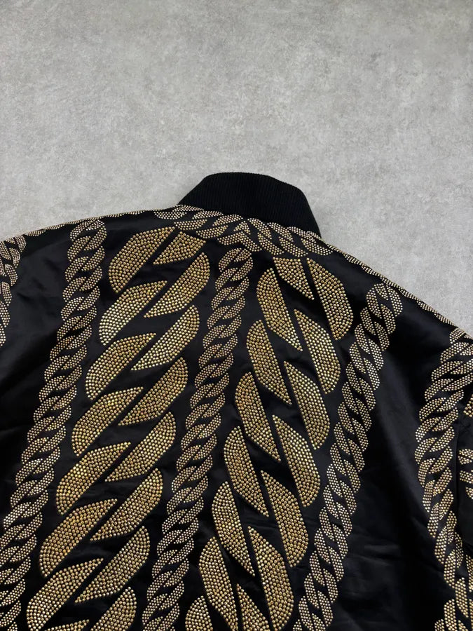 SS2022 Balmain Black Nylon Gold Studded Bomber Jacket wZdHkBs 5