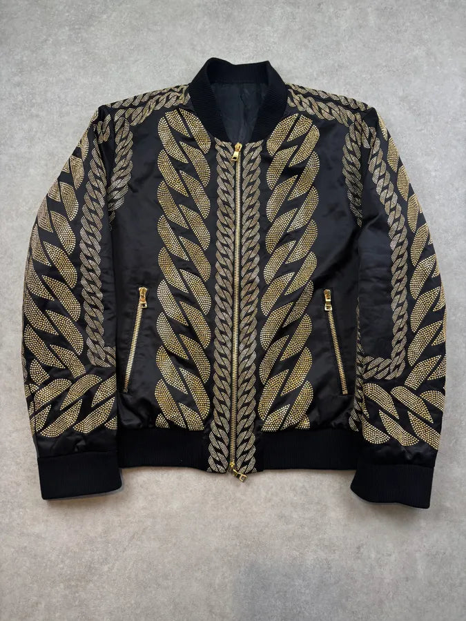 SS2022 Balmain Black Nylon Gold Studded Bomber Jacket wZdHkBs 0