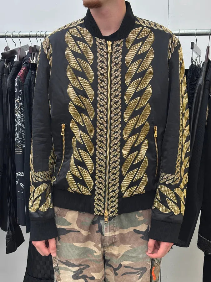 SS2022 Balmain Black Nylon Gold Studded Bomber Jacket wZdHkBs 1