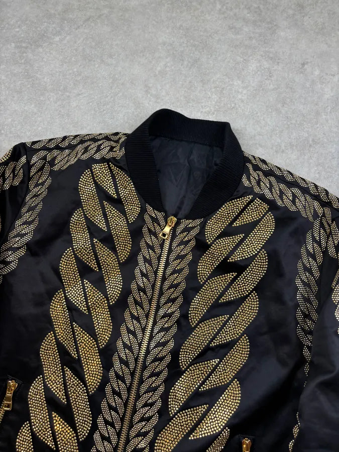 SS2022 Balmain Black Nylon Gold Studded Bomber Jacket wZdHkBs 3
