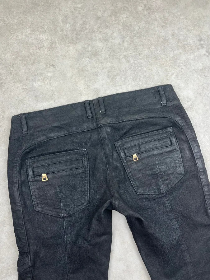 2000s Balmain Black Waxed Zip Biker Denim Jeans xsPuVap 8