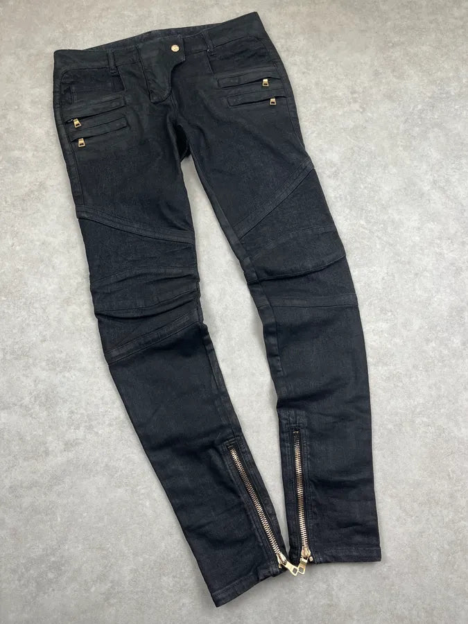 2000s Balmain Black Waxed Zip Biker Denim Jeans xsPuVap 5