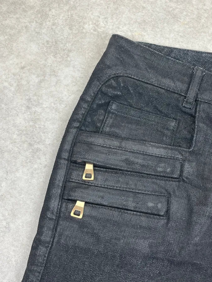 2000s Balmain Black Waxed Zip Biker Denim Jeans xsPuVap 12