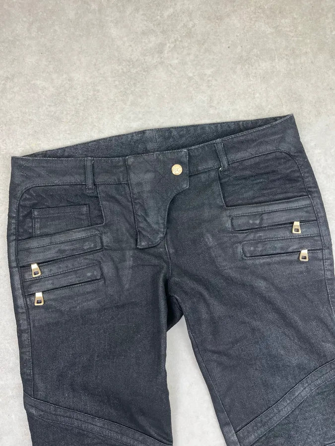 2000s Balmain Black Waxed Zip Biker Denim Jeans xsPuVap 7