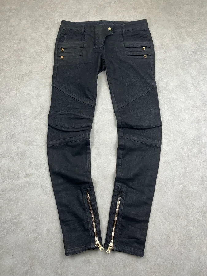 2000s Balmain Black Waxed Zip Biker Denim Jeans xsPuVap 4