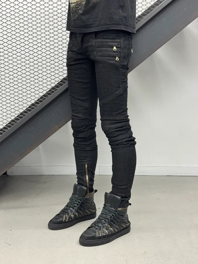 2000s Balmain Black Waxed Zip Biker Denim Jeans xsPuVap 1
