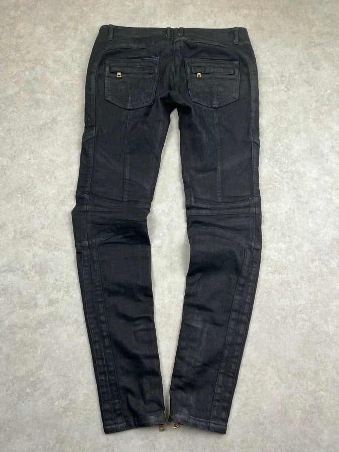 2000s Balmain Black Waxed Zip Biker Denim Jeans xsPuVap 3