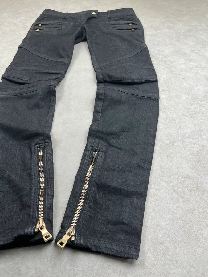 2000s Balmain Black Waxed Zip Biker Denim Jeans xsPuVap 6