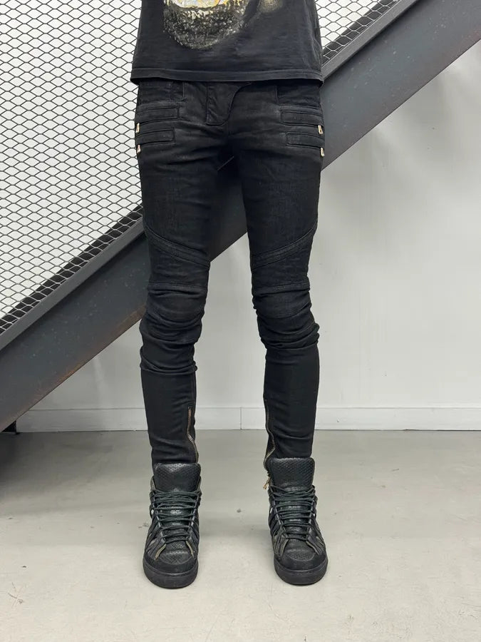 2000s Balmain Black Waxed Zip Biker Denim Jeans xsPuVap 0
