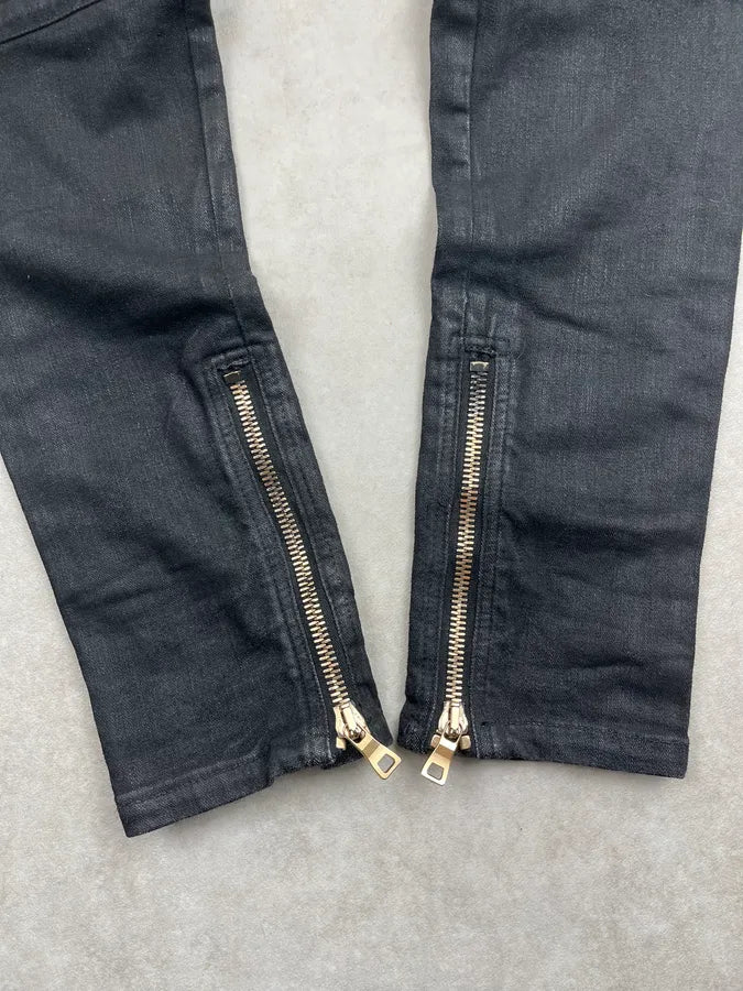 2000s Balmain Black Waxed Zip Biker Denim Jeans xsPuVap 9