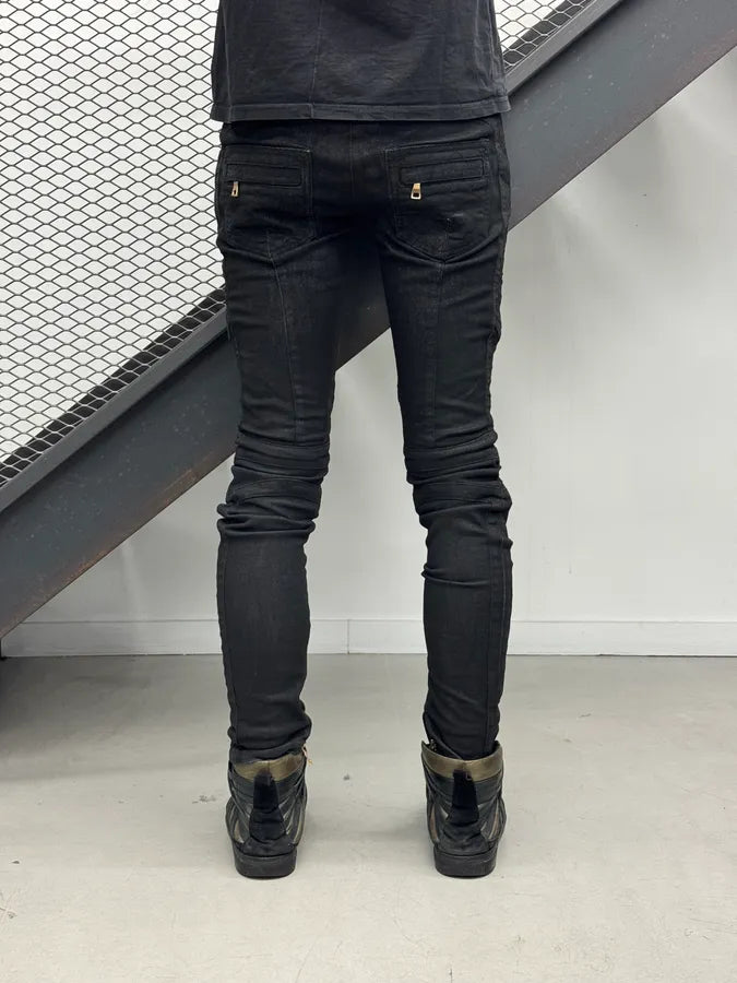 2000s Balmain Black Waxed Zip Biker Denim Jeans xsPuVap 2