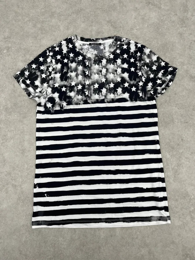 SS2018 Balmain Black & White USA Distressed Star Striped T-Shirt  RqBpUSD 0