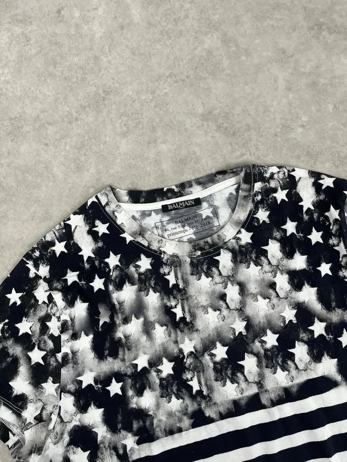 SS2018 Balmain Black & White USA Distressed Star Striped T-Shirt  RqBpUSD 3