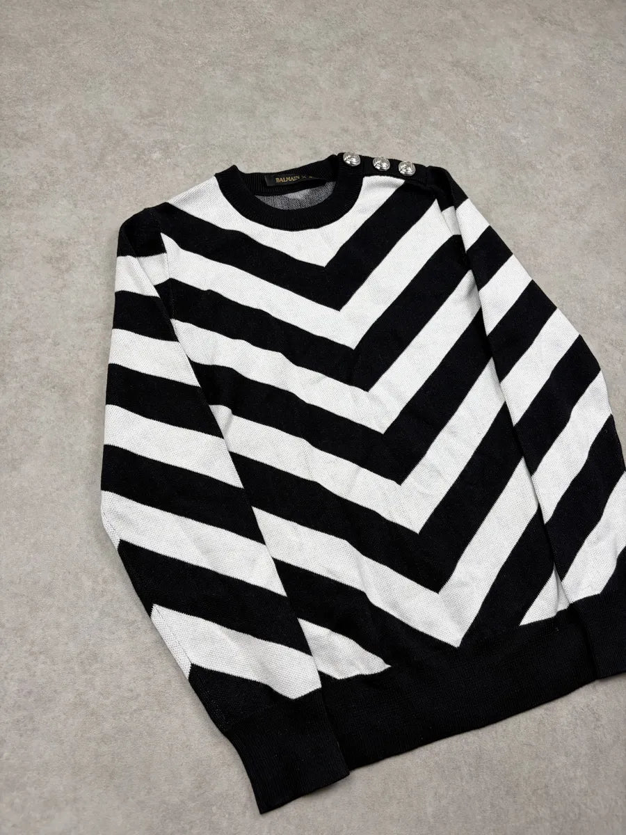 SS2015 Balmain Black White Knit Chevron Sweater YcRAlSl 4