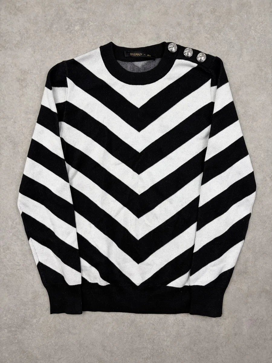 SS2015 Balmain Black White Knit Chevron Sweater YcRAlSl 0
