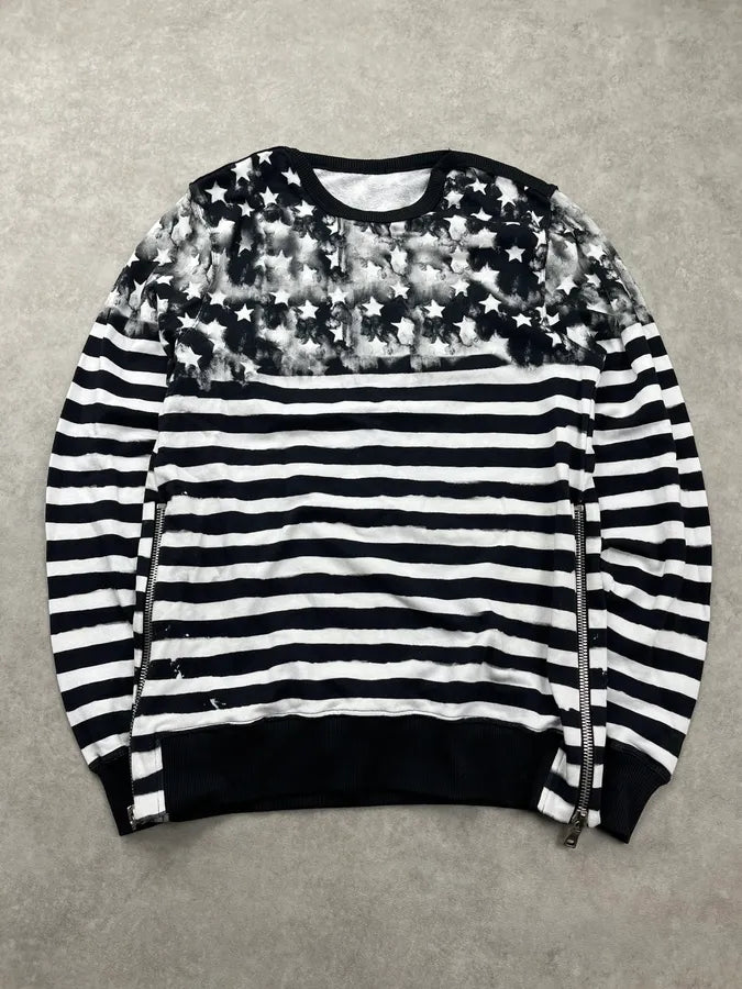 SS2018 Balmain Black & White Flag Star Striped Side Zip Sweater hCUAraX 0