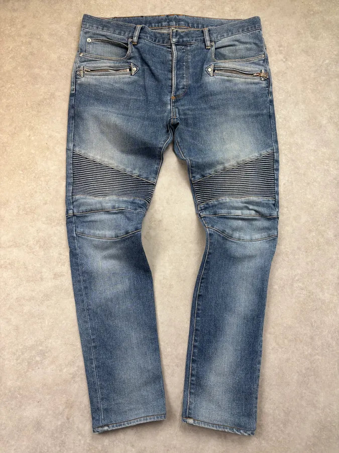 SS2018 Balmain Blue Denim Biker Jeans AKFrJUQ 0