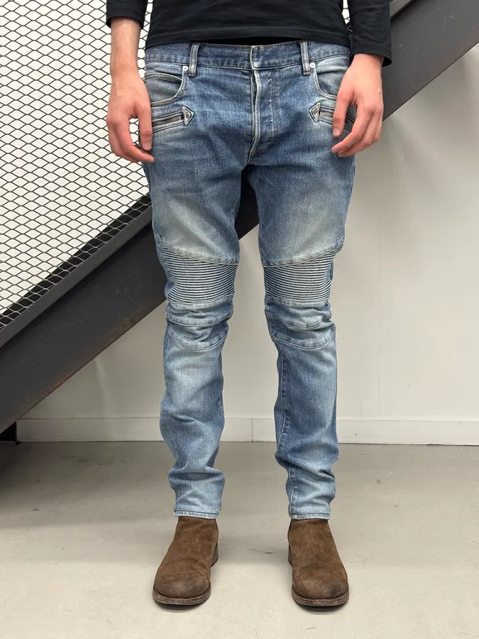 SS2018 Balmain Blue Denim Biker Jeans AKFrJUQ 1