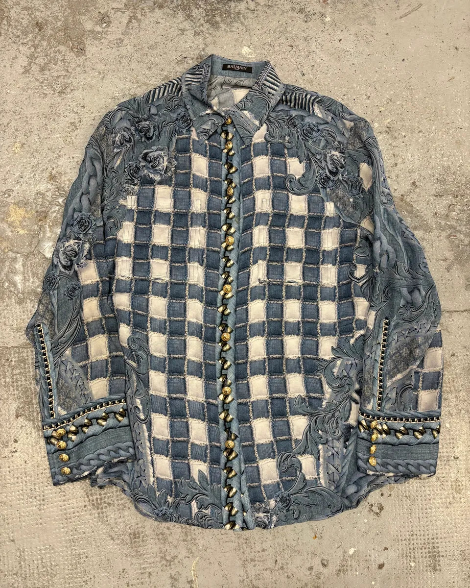 Balmain Blue Silk Royal Checkered Buttoned Shirt zcjUOXw 2