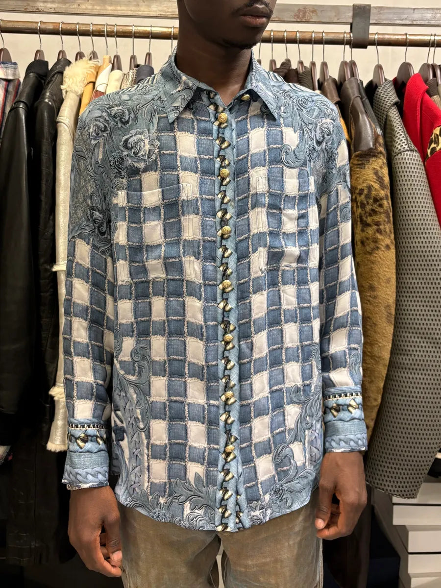 Balmain Blue Silk Royal Checkered Buttoned Shirt zcjUOXw 0