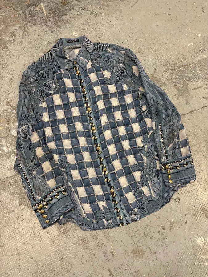 Balmain Blue Silk Royal Checkered Buttoned Shirt zcjUOXw 3