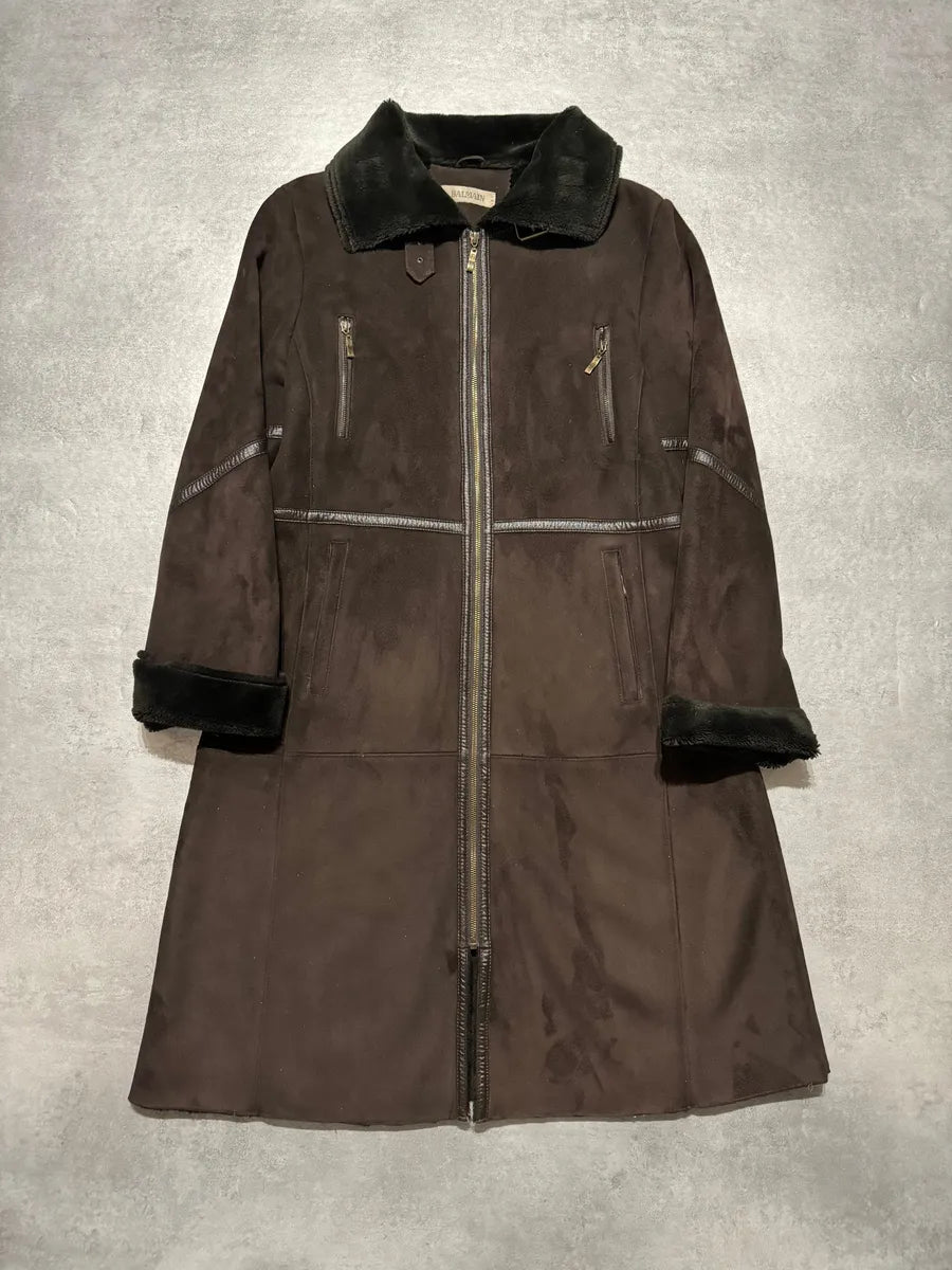Balmain Brown Trench Suede Leather Fur Coat (S) 0