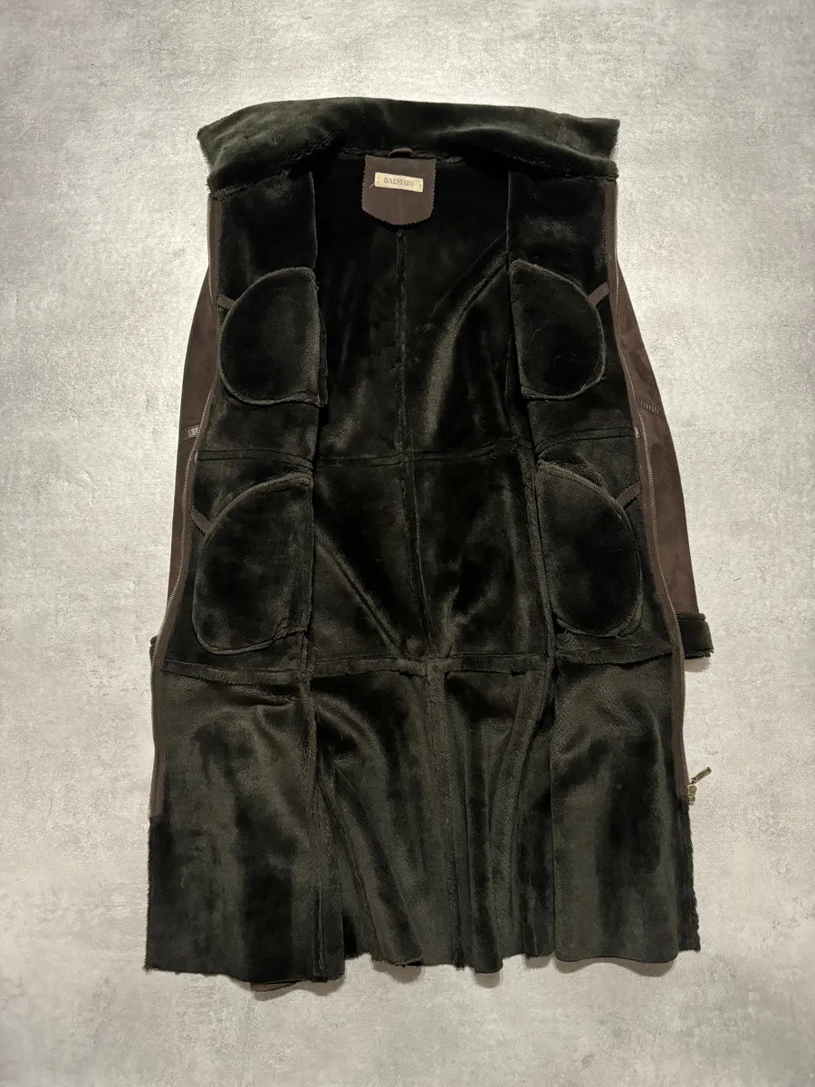 Balmain Brown Trench Suede Leather Fur Coat (S) 1
