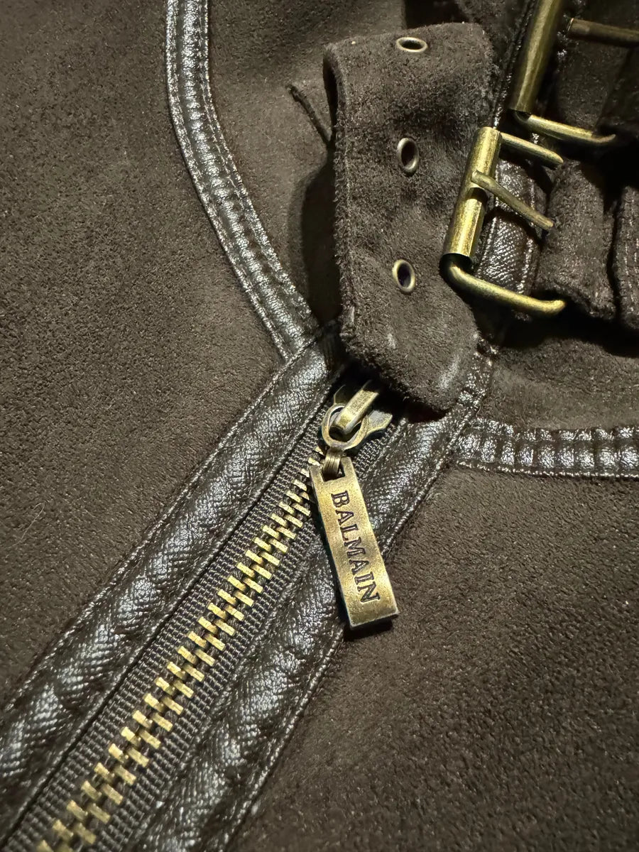 Balmain Brown Trench Suede Leather Fur Coat (S) 6