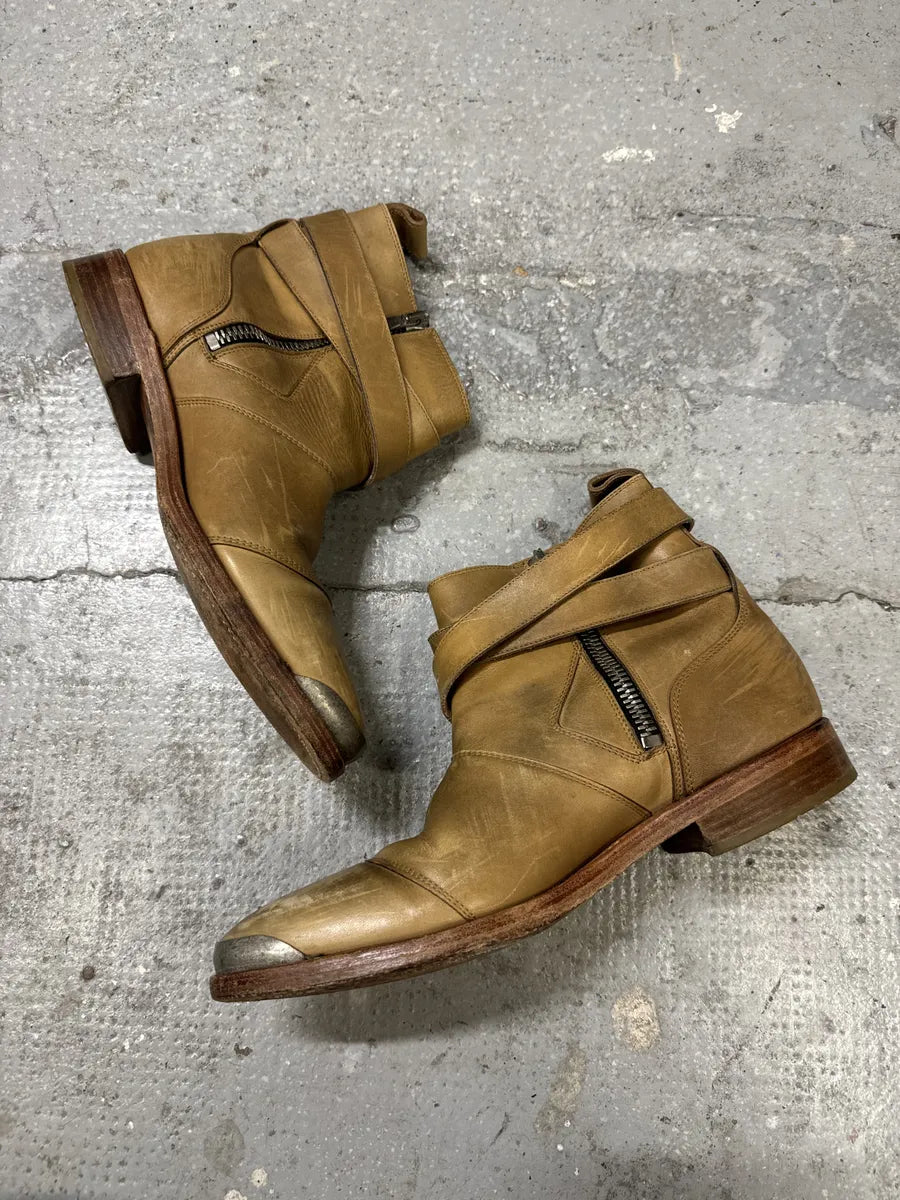 Balmain Camel Avant-Garde Buckle Leather Biker Shoes recYotu 3