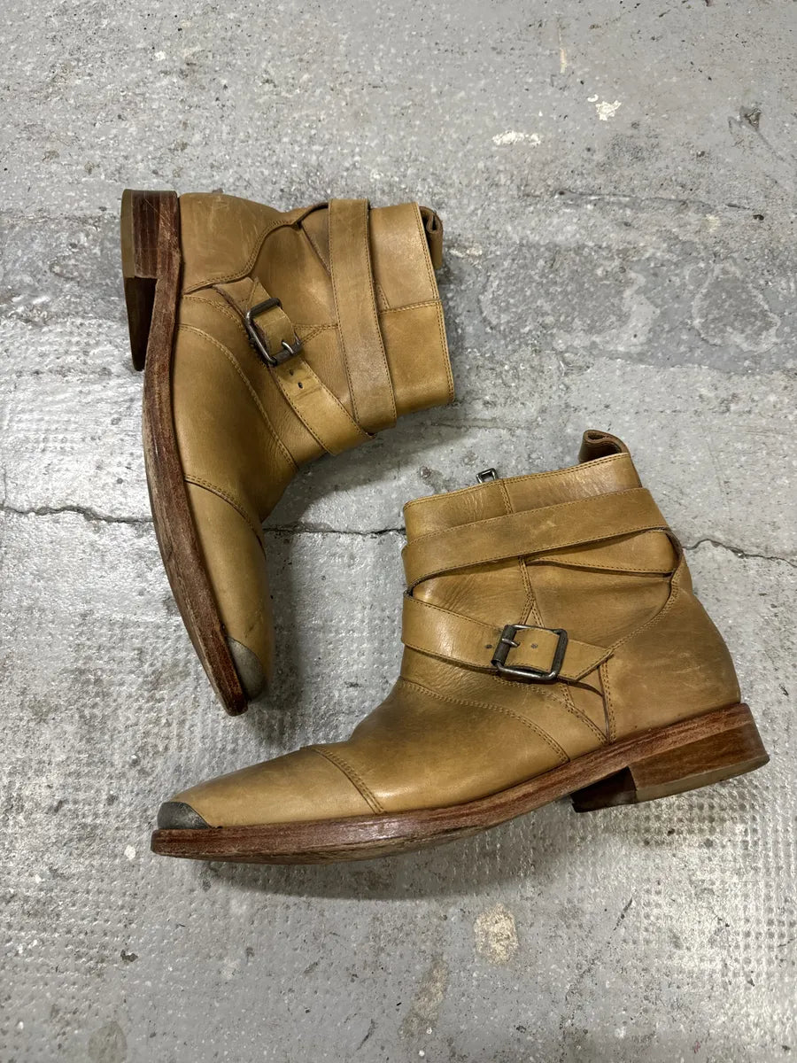 Balmain Camel Avant-Garde Buckle Leather Biker Shoes recYotu 4