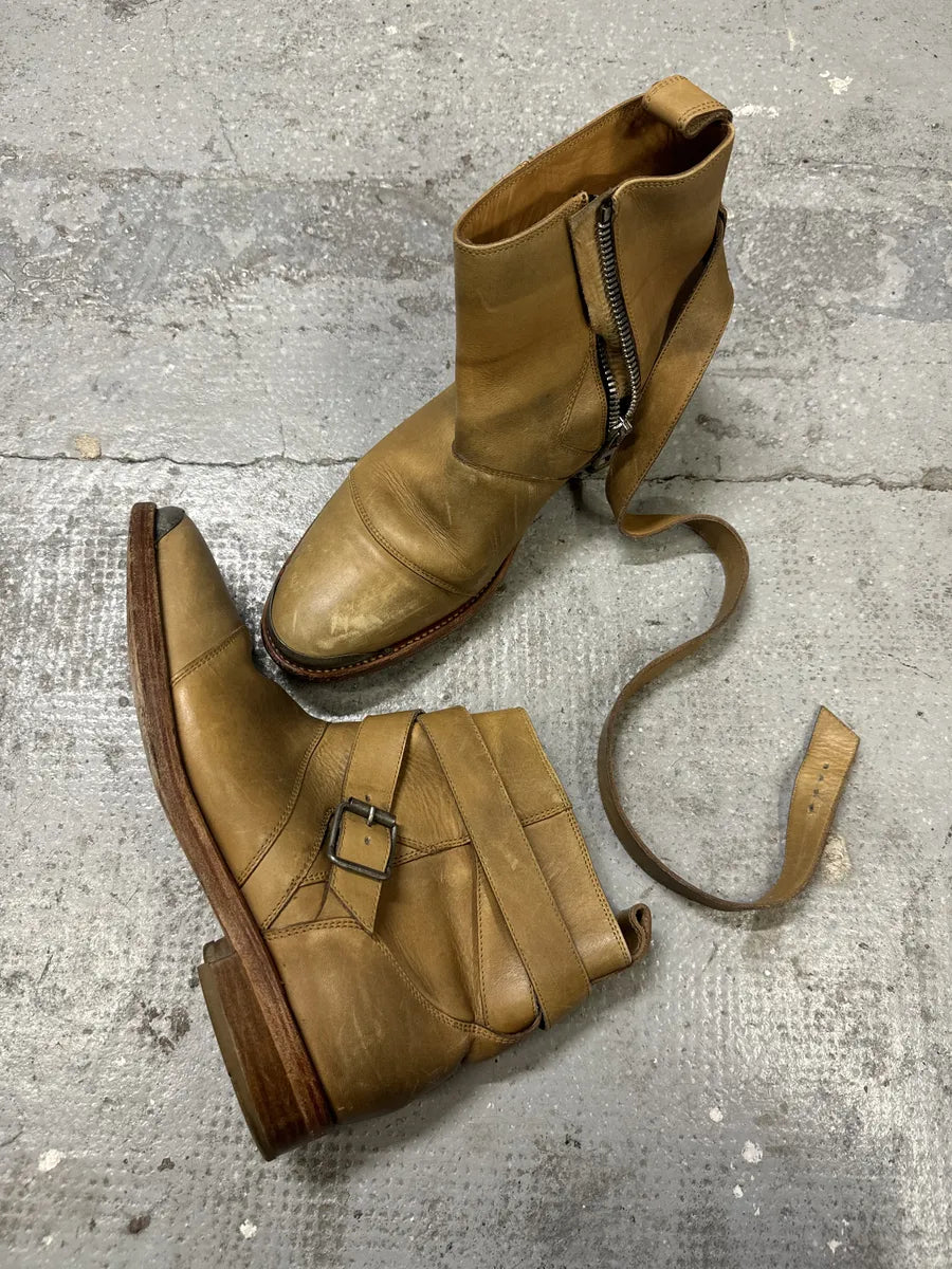 Balmain Camel Avant-Garde Buckle Leather Biker Shoes recYotu 5
